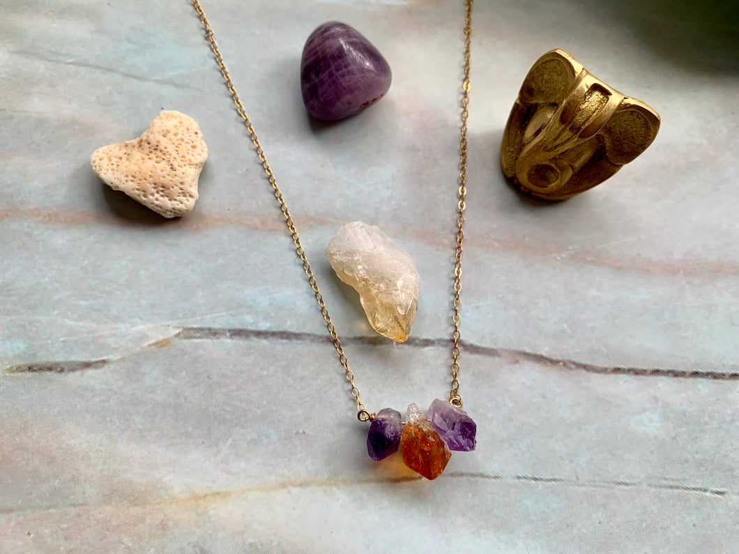 Raw Amethyst-Citrine-Amethyst Crystal Gemstone Gold Filled Necklace