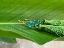Load image into Gallery viewer, Green Tassel Blue Topaz Statement Dangle Earrings