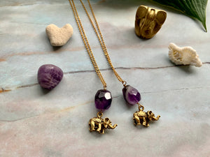 Amethyst Crystal Gemstone & Antique Gold Elephant Good Luck Charm Necklace