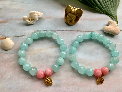 Faceted Light Blue Dyed Quartz Gemstone Monstera Leaf Charm Bracelet