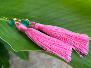 Hot Pink Tassel Blue Topaz Statement Dangle Earrings