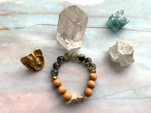 Prehnite Sandalwood & Elephant Charm Healing Crystal Beads Bracelet