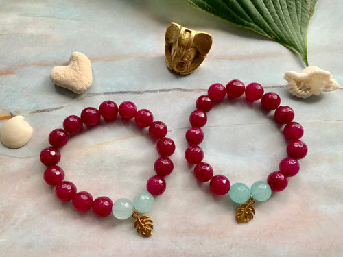 Faceted Dark Purple Dyed Quartz Gemstone Monstera Leaf Charm Bracelet