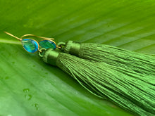 Load image into Gallery viewer, Green Tassel Blue Topaz Statement Dangle Earrings