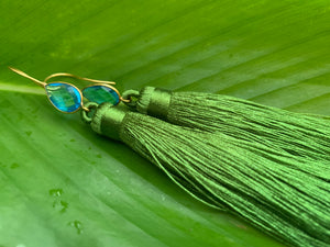 Green Tassel Blue Topaz Statement Dangle Earrings