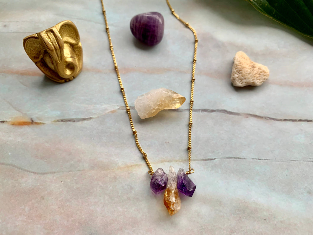 Raw Amethyst-Citrine-Amethyst Crystal Gemstone Gold Filled Necklace