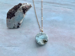 Natural Raw Larimar Gemstone Coin Pendant Necklace