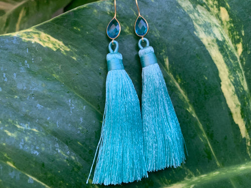 Light Blue Tassel Blue Topaz Statement Dangle Earrings
