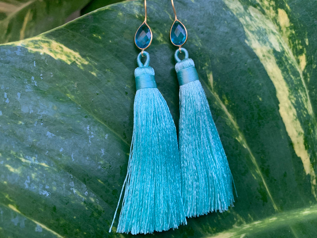 Light Blue Tassel Blue Topaz Statement Dangle Earrings