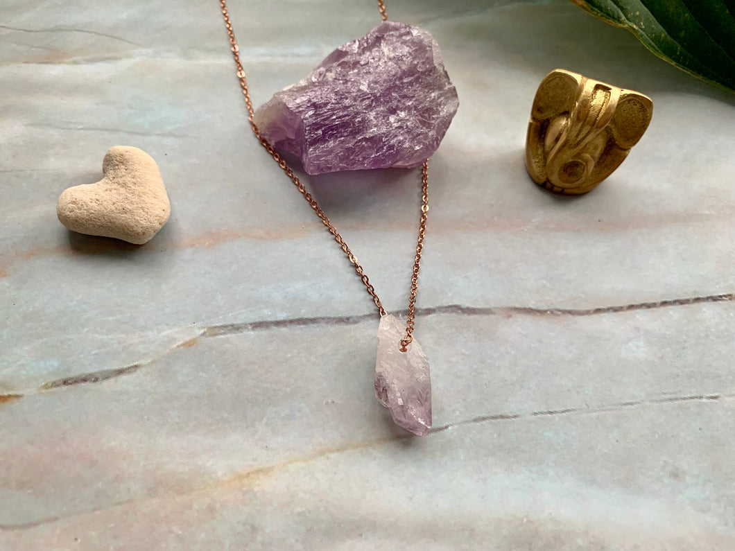 Raw Geode Amethyst Gemstone Healing Crystal Rose Gold Plated Pendant Necklace 0.7