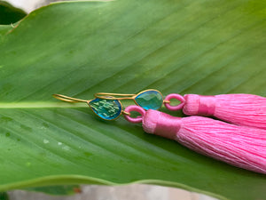 Hot Pink Tassel Blue Topaz Statement Dangle Earrings