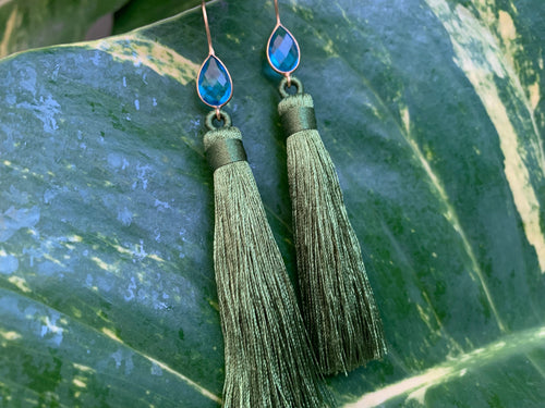 Green Tassel Blue Topaz Statement Dangle Earrings