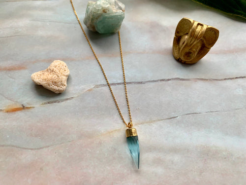 Gold Blue Topaz Point Dainty Pendant Necklace