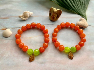 Faceted Orange & Green Dyed Quartz Gemstone Monstera Leaf Charm Bracelet