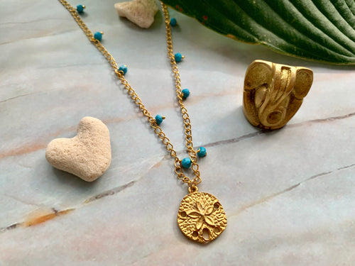 Blue Turquoise & Gold Filled Dollar Sand Shell Charm Necklace