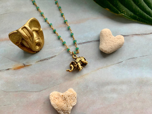 Green Chalcedony & Gold Elephant Good Luck Charm Necklace
