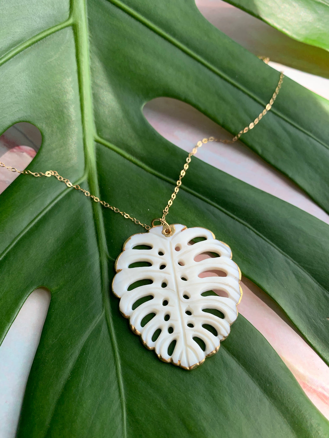 Mother of Pearl Tropical Leaf Statement Necklace