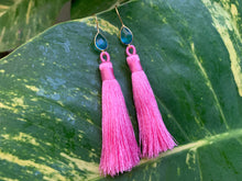 Load image into Gallery viewer, Hot Pink Tassel Blue Topaz Statement Dangle Earrings
