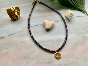 Multi-color Hematite & Stardust Gold Charm Choker Necklace