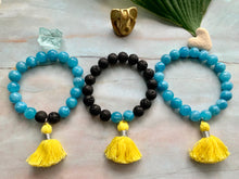 Load image into Gallery viewer, Aquamarine Healing Crystal Lava Beads &amp; Yellow Tassel Bracelet