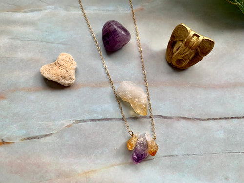 Raw Citrine-Amethyst-Citrine Crystal Gemstone Gold Filled Necklace