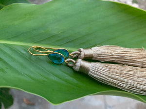 Light Brown Tassel Blue Topaz Statement Dangle Earrings
