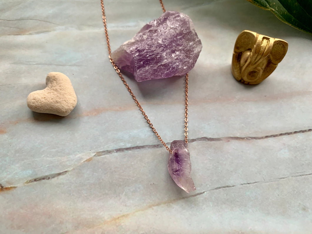 Raw Geode Amethyst Gemstone Healing Crystal Rose Gold Plated Pendant Necklace 0.8