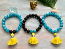 Load image into Gallery viewer, Aquamarine Healing Crystal Lava Beads &amp; Yellow Tassel Bracelet