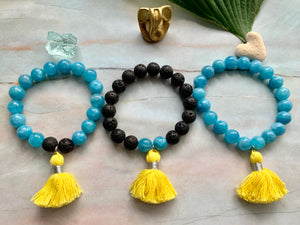 Aquamarine Healing Crystal Lava Beads & Yellow Tassel Bracelet