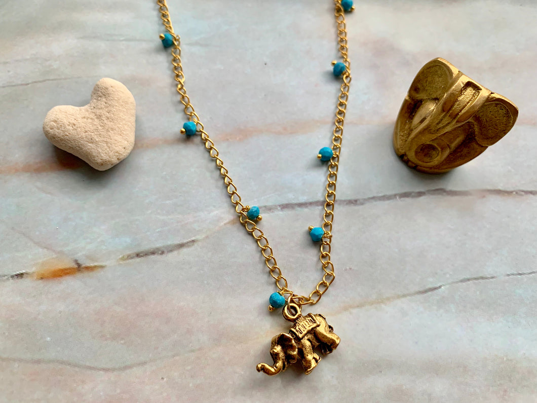 Blue Turquoise & Gold Elephant Good Luck Charm Necklace