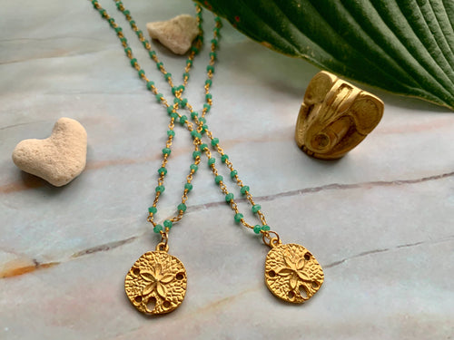 Green Chalcedony & Gold Filled Dollar Sand Shell Charm Necklace