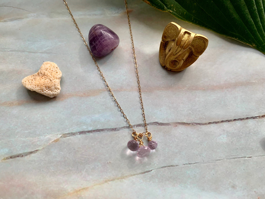 Dainty 3 Amethyst Healing Crystal Gemstones Gold Filled Necklace