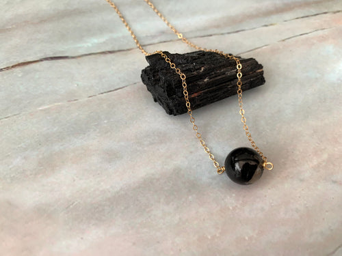 Black Tourmaline Gemstone Healing Crystal Gold Filled Necklace