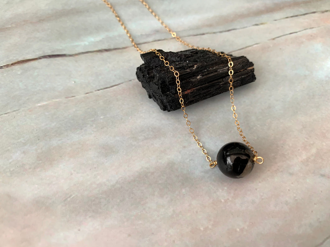 Black Tourmaline Gemstone Healing Crystal Gold Filled Necklace