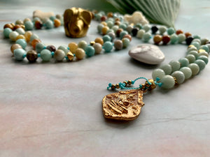 Courage & Truth Amazonite Gold Findings & Buddha Mala 108 Gemstone Beads Necklace