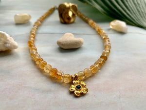 Citrine Healing Crystal Gemstone Beads & Gold Flower Choker Necklace