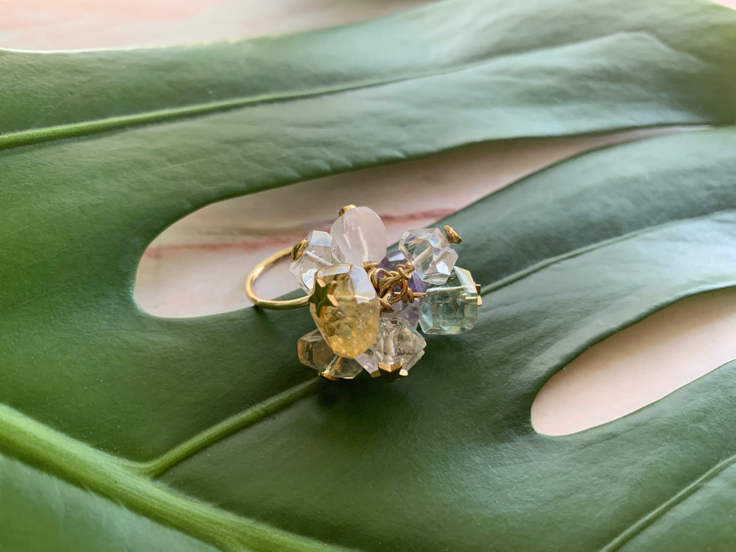 Multi-Gem: Citrine, Purple Amethyst, Quartz, Rose Quartz, Herkimer Diamond Statement 6.5 Ring