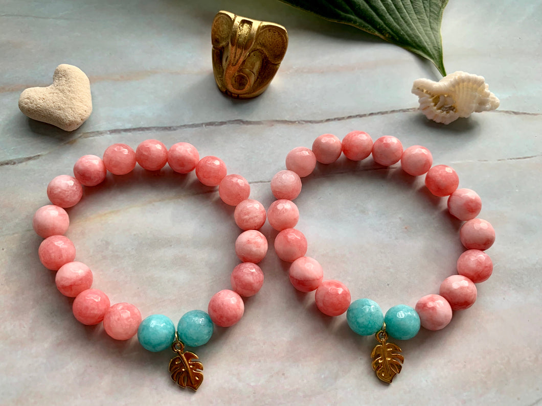 Faceted Pink Dyed Jade Gemstone Monstera Leaf Charm Bracelet