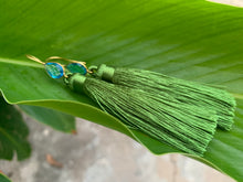 Load image into Gallery viewer, Green Tassel Blue Topaz Statement Dangle Earrings
