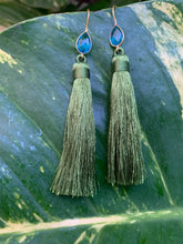 Load image into Gallery viewer, Green Tassel Blue Topaz Statement Dangle Earrings
