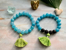 Load image into Gallery viewer, Aquamarine Healing Crystal Lava Beads &amp; Green Tassel Bracelet