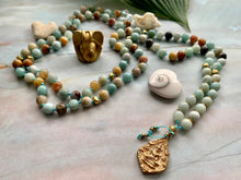 Load image into Gallery viewer, Courage &amp; Truth Amazonite Gold Findings &amp; Buddha Mala 108 Gemstone Beads Necklace