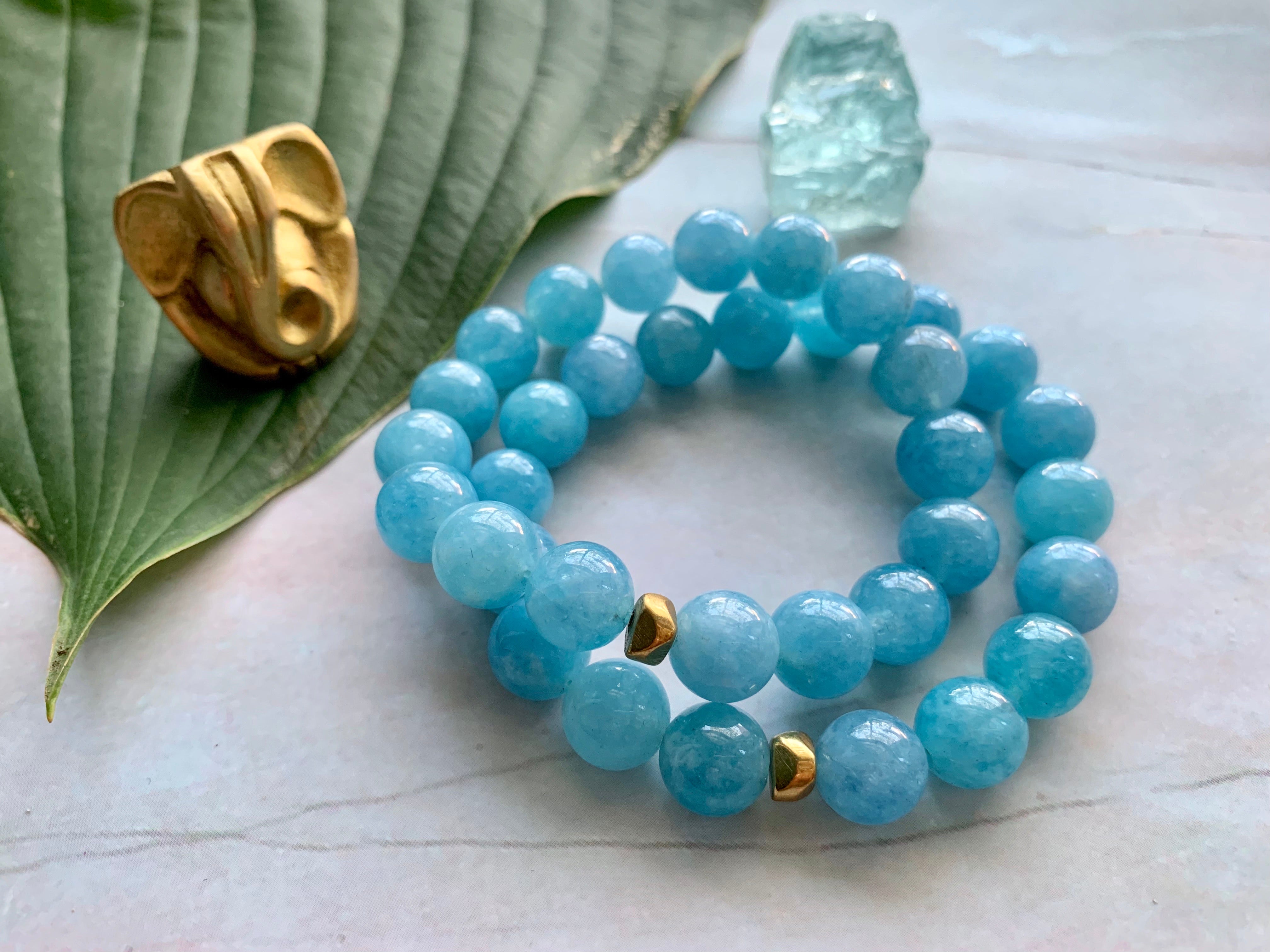 Natural Aquamarine 8 mm Round Bead Crystal Stone Bracelets